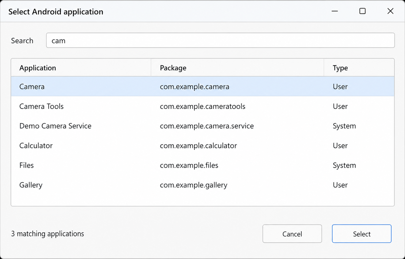 App selector showing Android applications