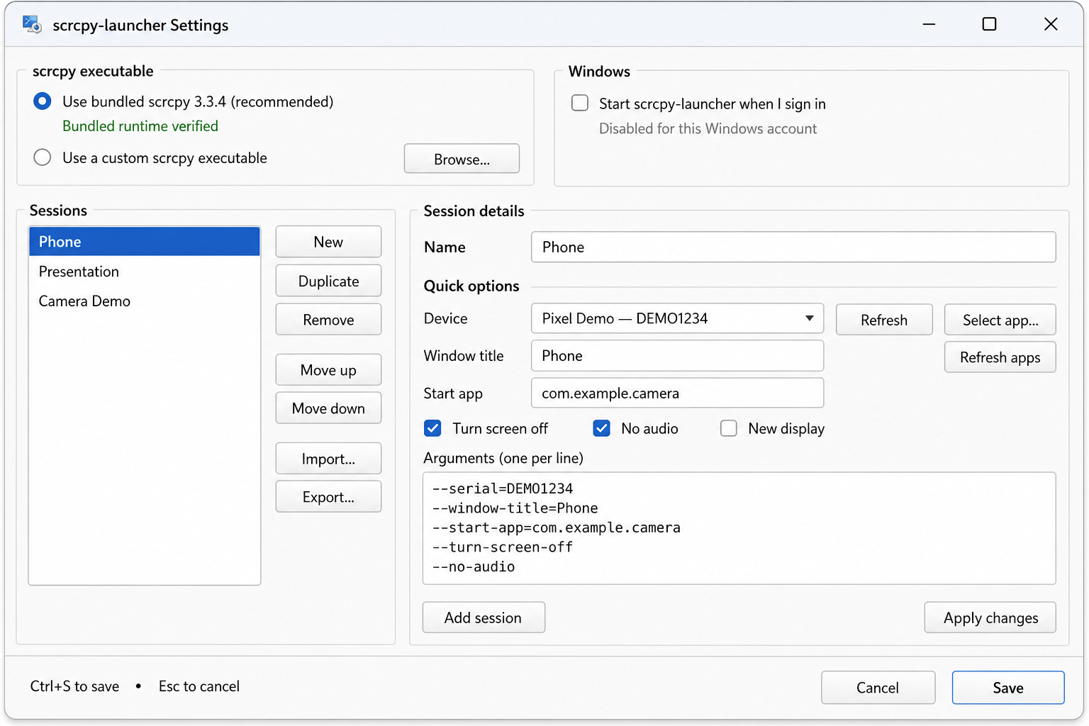 Settings window showing saved sessions